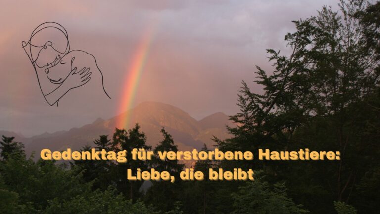 Melancholische Abend-Stimmung mit Regenbogen, dezente Zeichnung- ein Mensch im innigen Kontakt mit seinem Hund